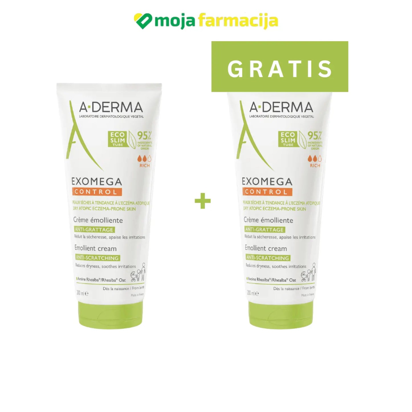 Slika proizvoda A-DERMA Exomega krema 200ml 1+1 GRATIS iz online apoteke Moja Farmacija - BIH