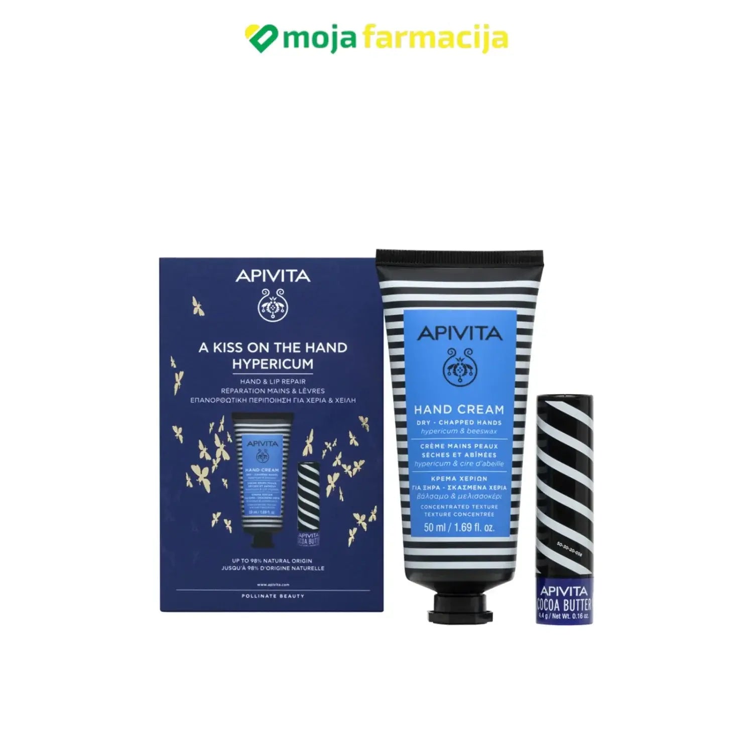 Slika proizvoda APIVITA Set hand ( krema za ruke kantarion + lip balm kakao ) iz online apoteke Moja Farmacija - BIH