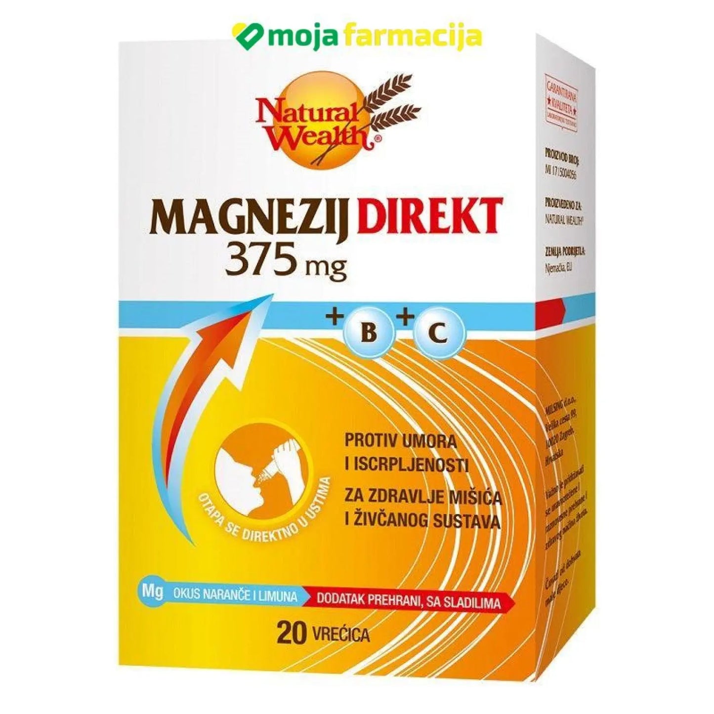 Slika proizvoda NATURAL WEALTH Magnezij 375 mg + B + C granule iz online apoteke Moja Farmacija - BIH