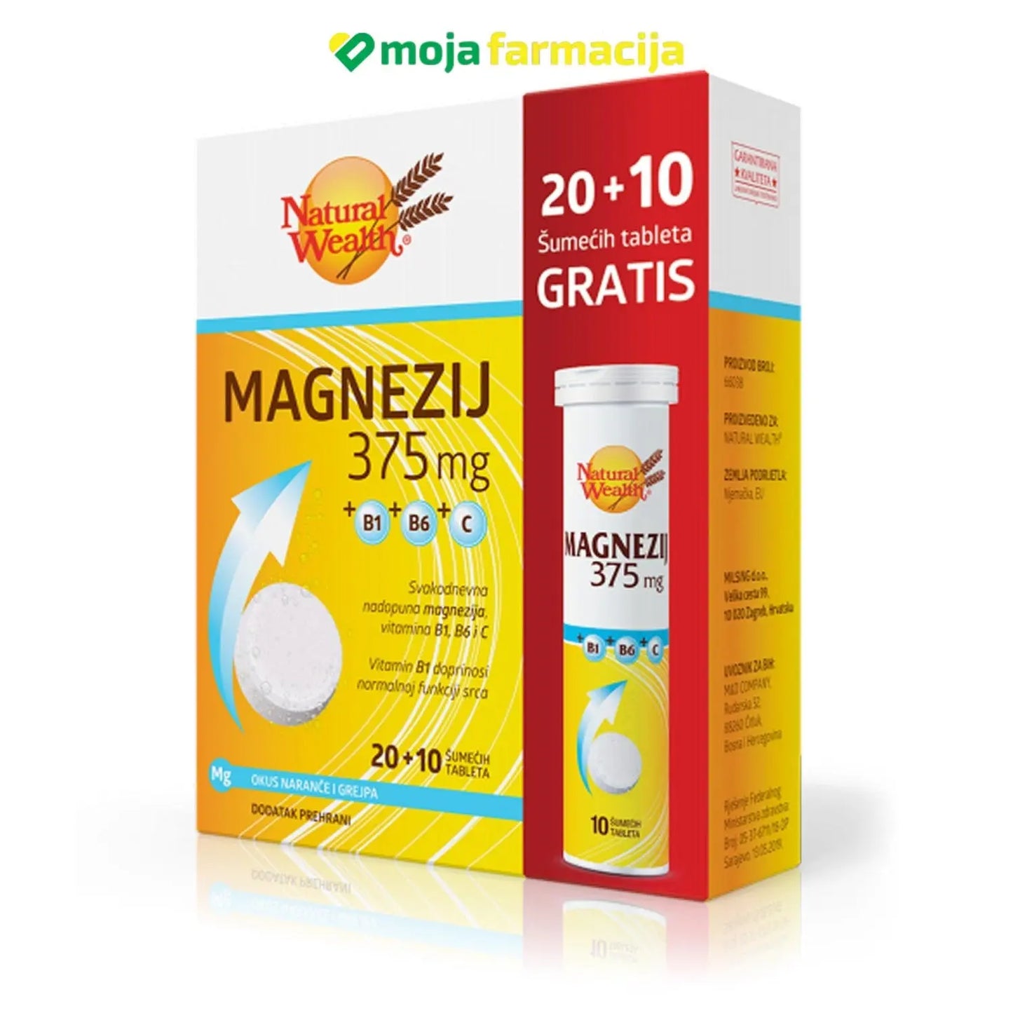 Slika proizvoda NATURAL WEALTH Magnezij 375 mg + B1 + B6 + C  šumeće tablete iz online apoteke Moja Farmacija - BIH