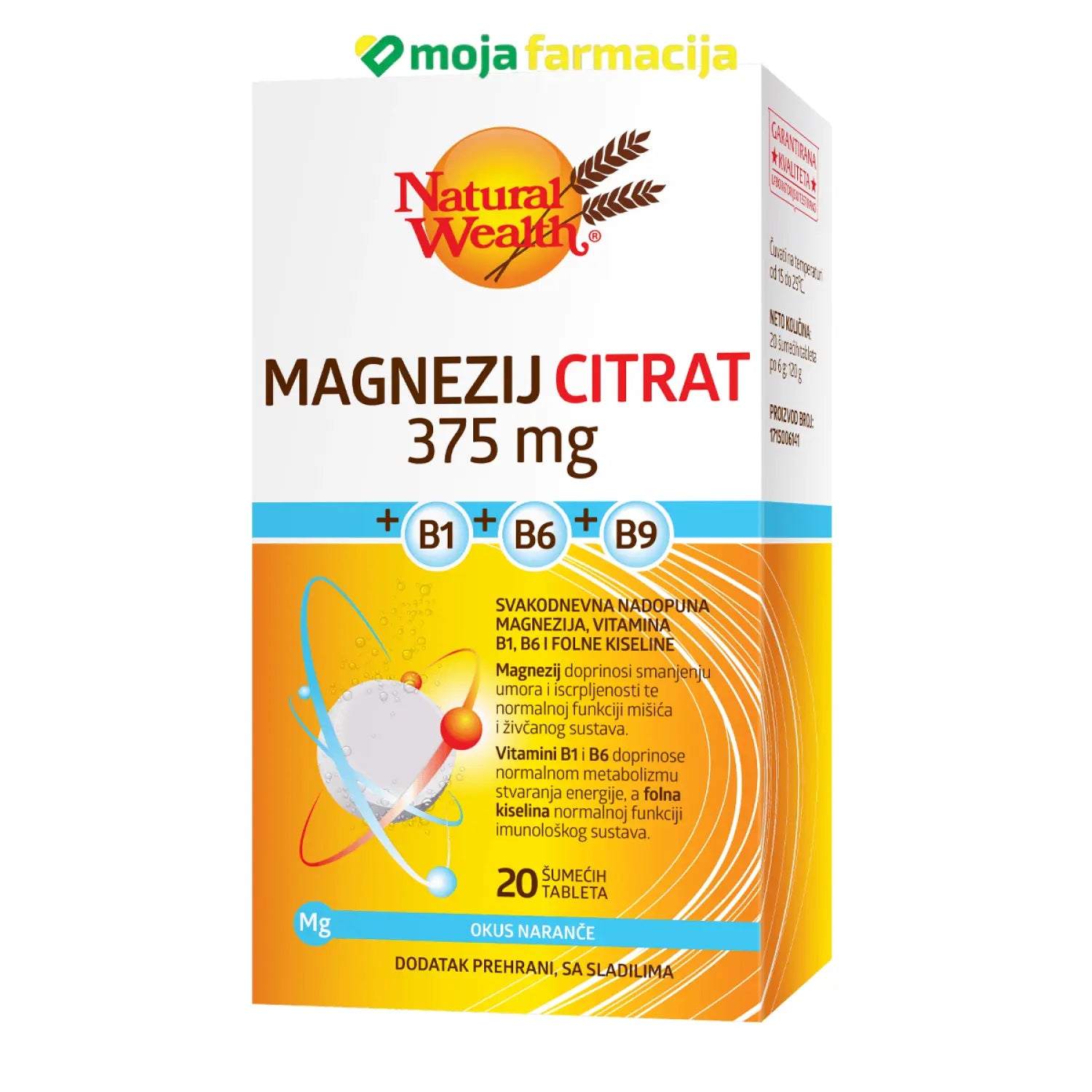 Slika proizvoda NATURAL WEALTH Magnezij citrat + B1 + B6 + B9 šumeće tablete iz online apoteke Moja Farmacija - BIH