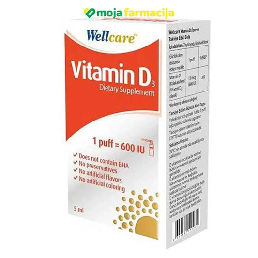 Slika proizvoda Vitamin D3 600IU Wellcare sprej iz online apoteke Moja Farmacija - BIH